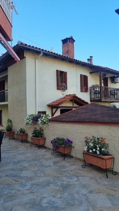 The image captures a sunlit facade of a building in Litochoro, Greece. The building, painted a light cream color, features a red-tiled roof and several windows with wooden shutters, some of which are open. Two chimneys made of red brick stand on the rooftop, indicating traditional architecture.
In front of the building, a stone-tiled patio is lined with several terracotta planters filled with vibrant flowers. White, purple, and orange blooms create a colorful display against the textured cream wall. A balcony with a wooden railing extends from the upper floor, where outdoor chairs are visible. The clear blue sky suggests a pleasant weather day. The overall scene evokes a serene and picturesque atmosphere typical of a Greek coastal town.