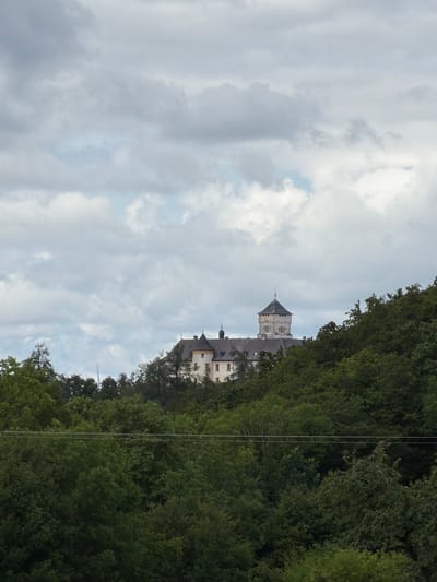 The image shows a castle situated on a hilltop, surrounded by lush green trees. The sky is overcast with heavy clouds. The castle appears to be made of stone, with several towers and dormer windows. The architecture suggests an old, possibly historic, structure. In the foreground, the dense foliage of trees obscures much of the lower landscape. The scene is calm and serene, with no people or animals visible. The location is identified as Heiligenstadt i. OFR., Germany.