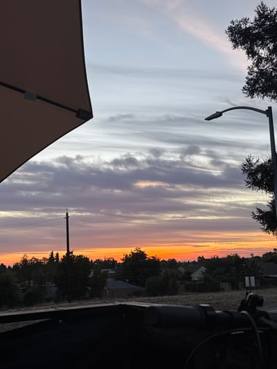 The image captures a sunset over a suburban neighborhood in Sacramento, California. The sky is a gradient of colors, transitioning from a bright orange glow on the horizon to shades of purple, gray, and light blue higher up. Wispy clouds streak across the sky, creating a textured effect. In the foreground, a portion of a large, tan umbrella occupies the left side of the frame, casting a shadow. To the right, a street lamp with a curved arm stands silhouetted against the sky, accompanied by the dark branches of a tree.

Below the sky, a line of trees and houses forms the middle ground, with a power pole and wires visible. The houses appear to be single-story residences. The very bottom of the image shows the handlebars and part of the frame of a bicycle, suggesting the photo was taken from the perspective of someone on or near a bike. The overall environment is residential and appears to be outdoors, possibly a backyard or patio, during the evening.