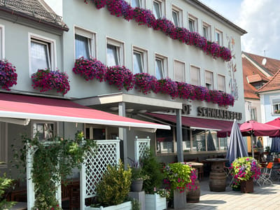 This image shows the exterior of a building in Ebermannstadt, Germany, identified by the signage "Gasthof Schwanenbräu." The building is multi-story with a light-colored facade. Along the upper floors, rows of windows are adorned with abundant hanging flower boxes filled with vibrant pink and purple flowers. These flowers spill over the window sills, creating a colorful cascade. The ground floor features a covered patio area with red awnings, tables, and chairs, suggesting an outdoor dining or seating space for the establishment. Several large, decorative umbrellas, one dark gray and others red, are set up on the patio. Wooden barrels are used as decorative elements, some holding more floral arrangements. Planters with green foliage and flowers are also strategically placed. The surrounding environment appears to be a town square or street, with paved ground and other buildings visible in the background. The sky is partly cloudy. No people are explicitly visible in the scene.
