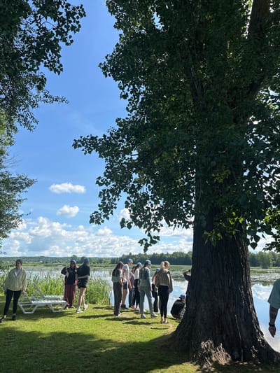 The image depicts a group of approximately ten individuals gathered near a large tree by a body of water, possibly a lake or river, under a bright, partly cloudy sky. The scene appears to be an outdoor recreational area, with lush green grass in the foreground and reeds along the water's edge. Several white plastic lounge chairs are visible on the lawn. The individuals, dressed in casual attire, are standing and interacting, with some facing the water and others looking towards the camera. The environment suggests a summer day in the Валожынскі сельскі Савет region of Belarus, characterized by natural landscapes and a relaxed atmosphere.