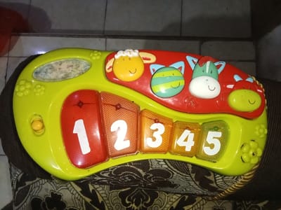 A children's musical activity toy, primarily lime green and red, is depicted resting on a dark, patterned upholstered surface within a domestic setting in Inxuba Yethemba Local Municipality, South Africa. The toy features five large, translucent, numbered keys: '1' (red), '2', '3', '4' (all orange), and '5' (light green), each displaying a white numeral. Above these keys, a red panel incorporates four animal-themed buttons: a yellow sheep, a striped teal and light green bee-like character, a white and light green zebra head, and a red and yellow cow head. To the upper left of the keys, the green base includes a rectangular textured panel, possibly a speaker or light element, and a small circular yellow button. Floral relief patterns are present on the green surface. The toy's right edge shows a braided rope-like trim. The background reveals a tiled floor and a darker wall structure, consistent with an indoor environment.