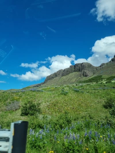 The image depicts a scenic view of a mountainous landscape under a bright blue sky with scattered white clouds. In the foreground, a grassy hillside is covered with vibrant green vegetation and dotted with clusters of purple lupine flowers and small yellow wildflowers. A dark pole, possibly a signpost, is visible in the lower left corner, along with part of a light-colored metal guardrail, suggesting this view might be from a roadside or a vehicle. The middle ground features the lower slopes of a large, rugged mountain range, characterized by steep, rocky formations and patches of green foliage. The background is dominated by the expansive blue sky. The scene is likely located in a rural or natural area near Reykjavik, Iceland, given the characteristic Icelandic landscape of mountains, green fields, and lupine flowers. No people or animals are visible in the image.