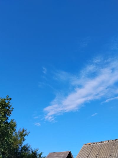 A clear, bright blue sky dominates the upper portion of the image, with wisps of white clouds scattered across it. In the lower left corner, the dense green foliage of a tree extends upwards, its leaves creating a textured canopy. Towards the bottom right, two rooftops are visible. The larger, more prominent rooftop is covered in gray, corrugated material, appearing weathered. To its left, a smaller, darker rooftop is also visible. The scene appears to be outdoors, in a village or rural setting, potentially Ustyvytsia, Ukraine, given the architectural style of the rooftops and the natural landscape. There are no people or animals depicted in the image.