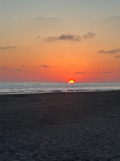 The image depicts a serene sunset over a beach in Ardea, Italy. The sky is a gradient of warm oranges and pinks, fading into a pale blue at the top. A few wispy clouds are scattered across the horizon. The sun, a vibrant orange disc, is partially submerged below the horizon, casting a warm glow on the water. The sea is calm, with gentle waves lapping at the shore. In the distance, two figures can be seen standing in the shallow water. The foreground is dominated by a dark, sandy beach, its texture rendered in shades of gray and black. A faint white streak, possibly a contrail from an aircraft, is visible in the upper left corner of the sky. The overall impression is one of tranquility and natural beauty.