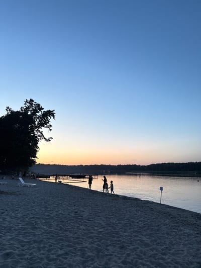 The image depicts a serene twilight scene on a sandy beach, bordering a calm body of water. The sky is a gradient of soft blues transitioning to a warm orange and yellow near the horizon, indicating the sun has recently set or is about to rise. A dark silhouette of a large tree is prominently displayed on the left side of the frame. Several people, appearing as dark silhouettes, are scattered along the shoreline. Some are walking, while others stand near the water's edge. In the distance, a wooden pier stretches out into the water, with several small boats moored to it. The water reflects the soft colors of the sky. The beach itself is covered in sand, with a few empty lounge chairs visible. The overall atmosphere is peaceful and tranquil. The location is identified as a beach in the Znamenski Sel'ski Savet, Belarus.