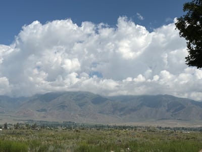 This is a landscape photograph taken in the city of Kara-Oy, Kyrgyzstan. The image features a wide view of mountains under a partly cloudy sky. In the foreground, there is a field of dry grass and shrubs, suggesting a semi-arid environment. Beyond this field, a town or village is visible, with scattered buildings, trees, and utility poles. The mountains, which dominate the background, are rugged and appear to be covered in sparse vegetation, with some areas showing bare rock. Large, fluffy white clouds are a prominent feature in the sky, obscuring parts of the upper mountain range. A portion of a dark green tree is visible on the right edge of the frame, adding a vertical element to the composition. The lighting suggests it is daytime, possibly late morning or early afternoon, with the sun casting shadows on the mountains.