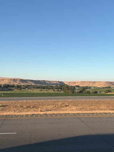 The image depicts a roadside landscape in Hammett, United States of America. The scene is divided vertically, with a vast expanse of clear blue sky on the left and a detailed view of a highway and its surroundings on the right. The sky transitions from a lighter hue at the top to a slightly more saturated blue towards the horizon.

The right side of the image showcases a paved highway with a distinct yellow line marking the edge. Adjacent to the highway is a strip of dry, golden grass, suggesting an arid or autumnal environment. Beyond the grass, a strip of vibrant green crops or fields is visible, indicating agricultural activity. Further inland, rolling hills with sparse vegetation and some scattered trees and structures are present, hinting at a rural or semi-rural setting. A cluster of trees can be seen forming a small grove near the green fields. The overall impression is of a clear, sunny day, likely late afternoon or early evening due to the long shadow cast across the highway on the right. There is no visible text in the image. The scene evokes a sense of open space and a journey through a rural landscape.
