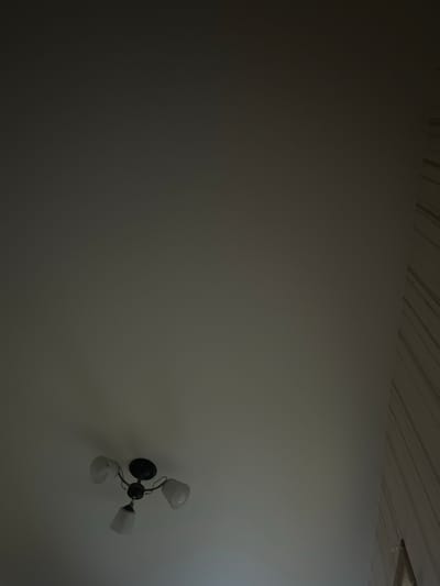 The image shows a ceiling with a three-bulb light fixture. The light fixture is black and has three white glass shades. The ceiling is white and appears to be textured. To the right of the image, there is a wall with vertical stripes. The lighting in the image is dim, and the scene appears to be indoors. There are no people or animals visible in the image. The image is taken from a low angle, looking up at the ceiling. The location in the city of Gorodets, Russia is not ascertainable from the provided image.