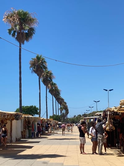 The image depicts an outdoor market scene on a bright, sunny day in Conil De La Frontera, Spain. A row of palm trees lines the left side of a pedestrian walkway, leading towards the background. Stalls are set up along the walkway, displaying various goods such as clothing and accessories. Several people are browsing the stalls or walking along the path. In the foreground, a group of three individuals, two women and a man, are engaged in conversation, with the man holding a smartphone. Further down the walkway, other individuals are visible, some walking and others interacting with the market stalls. The sky is clear blue. The ground is paved with light-colored tiles. The scene conveys a typical bustling atmosphere of a seaside market.