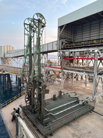 In Mersat El Hadjadj, Algeria, a port facility is depicted with industrial infrastructure. Dominating the foreground is a large, green metal loading arm structure, with two articulated arms extending upwards, each tipped with a large wheel. This structure appears to be part of a system for transferring materials. Beneath it, a green metal platform houses a network of pipes and what seem to be pump mechanisms.
The platform is situated on a concrete dock that extends towards the sea. The water, a deep blue, is visible to the left, with dark pilings supporting the dock structure.
In the background, a large, silver-colored industrial building with a corrugated metal roof and walls is prominent. This building features several levels and is connected to other elevated walkways and structures via steel gantries. Red pipes run horizontally along some of these elevated sections. Further in the distance, a hazy coastline with some distant buildings can be seen. The sky above is overcast with some lighter areas, suggesting early morning or late afternoon light. There are no people visible in the image. The scene is one of industrial operations at a port.