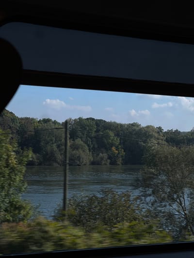 The image displays a view of the River Seine in Giverny, France, captured from within a moving vehicle, evident by the dark window frame and upper interior trim visible at the top and bottom, and motion blur in the foreground foliage. The upper portion of the exterior scene reveals a blue sky with scattered white cumulus clouds. Below the sky, a dense, verdant treeline with some early autumnal yellowing forms the distant riverbank. The central midground is dominated by the wide, flowing river, which reflects the sky above. A slender, dark vertical utility pole or post stands centrally in the midground, extending from the bottom frame line upwards, partially obscuring the river and distant bank. Two faint horizontal wires are discernible, extending from this pole across the frame. Motion-blurred green foliage lines the riverbanks in the immediate foreground, to the left and right of the vertical pole. No individuals or specific architectural structures are visible.