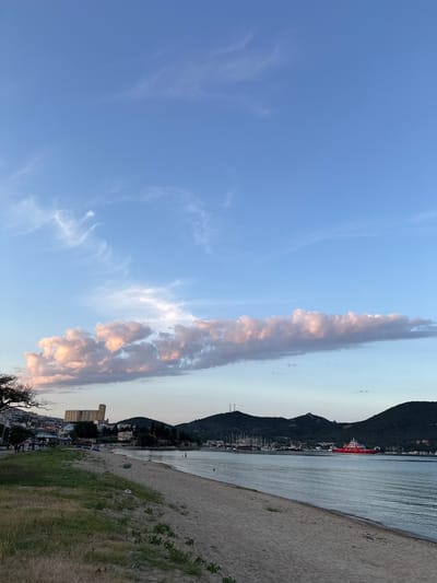 The image depicts a wide, sandy beach on the coast of Nea Peramos, Greece, during late afternoon or early evening. The sky is a soft blue, transitioning to a lighter hue near the horizon, with scattered wispy clouds tinged with pink and orange, suggesting the sun is setting or has recently set.
In the foreground, the beach slopes gently towards the calm sea. The sand is a light brown, with some patches of dry grass and vegetation growing closer to the left edge of the frame. A few small dark objects, possibly debris or stones, are visible on the sand.
Along the shoreline, a grassy area separates the beach from a paved promenade or walkway. A line of people is walking and standing along this promenade. Beyond the promenade, a town is visible, characterized by multi-story buildings with white and light-colored facades, some featuring balconies. A prominent, tall, light-colored building, possibly a grain silo or industrial structure, stands out among the town's architecture. A few trees are also present, including a large, bare-branched tree on the far left.
The sea is a calm, grayish-blue, reflecting the sky's colors. In the middle distance, across the water, a large, bright red ferry or ship is sailing. It has white upper structures and several decks. To its left, a harbor is visible, densely packed with numerous sailboats and smaller vessels docked.
Behind the town and the harbor, a series of dark, undulating hills rise, forming the backdrop of the scene. The atmosphere is serene, with a sense of peaceful coastal life.