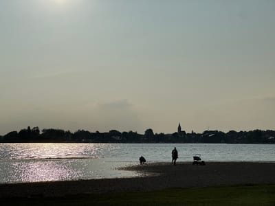 In the city of Chieming, Germany, a tranquil lakeside scene unfolds as the sun casts a shimmering golden glow across the water. Silhouetted figures dot the shoreline. One person stands, observing the water, while another kneels, possibly interacting with the water or sand. A stroller sits nearby, implying a family outing. The background is a soft blur of trees and buildings, with a prominent church steeple rising above the treeline. The sky is a pale, hazy expanse, suggesting either early morning or late afternoon light. The image evokes a sense of calm and peacefulness, capturing a moment of quiet enjoyment by the lake.
