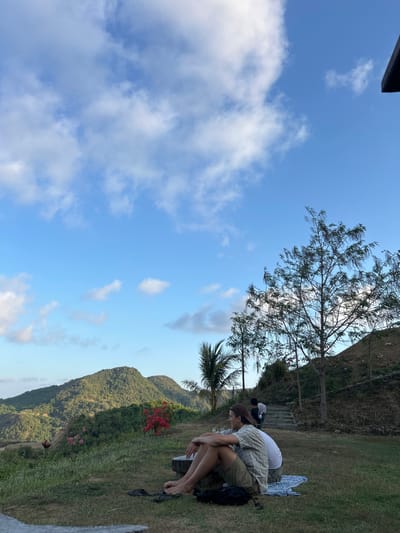 In Mekar Sari, Indonesia, two individuals are seated on the grass, facing away from the camera. The person in the foreground is wearing a plaid shirt and shorts, with their head bowed. Behind them, another person in a white shirt and shorts is also seated. A blue and white patterned blanket is spread on the ground beside them.
The scene is set on a grassy hillside with a backdrop of lush green mountains. Red and pink flowers are visible on the hillside, adding a splash of color to the landscape. The sky is a clear blue, with scattered white clouds, suggesting a pleasant day. The lighting indicates it is daytime, likely late afternoon given the angle of the sun which casts shadows. The overall atmosphere appears peaceful and relaxed. The image is captured in a vertical orientation.
