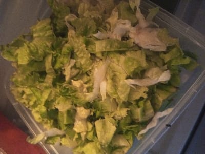 The image displays a clear plastic rectangular container, observed from an overhead angle, filled with chopped lettuce. The lettuce pieces are primarily light green, with some lighter, almost white, fragments interspersed. The leaves appear fresh but are irregularly cut. The container is partially visible, showing its clear plastic sides and rim. The background is indistinct, suggesting a dark, possibly uniform surface beneath and behind the container, providing no specific environmental context or identifying features of a city like Kanpur, India. No individuals, actions, or interactions are visible.