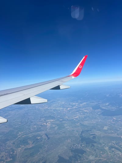 The image is an aerial view from an airplane window, looking out at a vast expanse of landscape under a clear blue sky. The airplane's wing is prominently featured in the foreground, extending from the left side of the frame towards the right. The wing is predominantly white with a gray underside and a distinctive red tip adorned with a white heart logo.
The landscape below is a patchwork of agricultural fields, showing varying shades of green, brown, and yellow, indicating different crops or stages of cultivation. Small villages and clusters of buildings are visible scattered across the terrain, connected by a network of roads and pathways. The topography appears gently rolling, with some hilly areas and darker patches that could represent forests or shaded regions. The horizon line is visible, where the earth meets the sky in a hazy, distant view. Reflections are present on the airplane window, particularly in the upper portion of the image, showing blurred shapes and light.
Regarding the specific location in the city of Mogoșoaia, Romania, the provided image does not contain any discernible landmarks or identifying features that would allow for precise localization. The landscape depicted is generic for many rural or semi-rural areas.