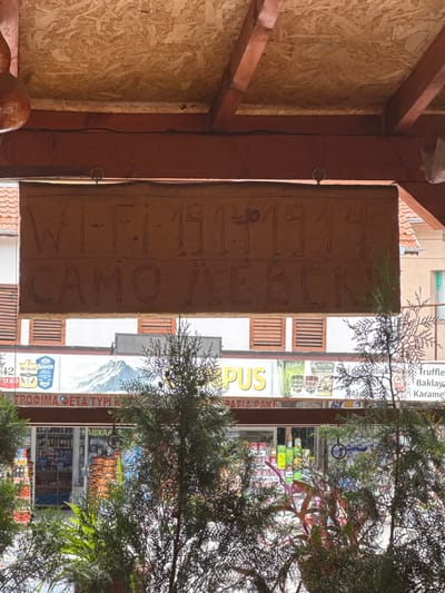 The image presents a detailed view from beneath a wooden ceiling, looking outwards over a street in Kresna, Bulgaria. A prominent rectangular wooden sign hangs in the upper-middle of the frame, secured by a metal eyelet and hook. The sign features carved or etched text in two lines: "WI-FI 1914" followed by "CAMO ЛЕВСКИ." "CAMO ЛЕВСКИ" translates from Bulgarian to "ONLY LEVSKI," referencing the popular Bulgarian football club.
Above the sign, a ceiling constructed from oriented strand board (OSB) panels is visible, supported by dark wooden beams. Below the sign, a view of a street and a commercial establishment's storefront is presented through an opening, possibly a window or a balcony railing. The storefront features a variety of products, including bottles of spirits (e.g., Metaxa, Savoy, Zephyr), olive oil, and various jars. Several signs with Greek text are partially visible within the storefront, such as "ТРОФИМА ФЕТА TYPI" (likely referring to food products, feta cheese), "PUS" (part of a larger word), and "PAQIA RAKI" (likely referring to Raki, a traditional spirit). A large backdrop or mural depicting snow-capped mountains is visible behind the displayed products. Beyond the storefront, other buildings with terracotta tiled roofs and windows are faintly discernible.
In the immediate foreground, several bushy green plants, likely coniferous such as juniper or thuja, partially obscure the lower portion of the view, extending from the bottom of the frame up to just below the wooden sign. No people are visible in the scene. The lighting suggests it is daytime, with bright, ambient light illuminating the outdoor elements.
