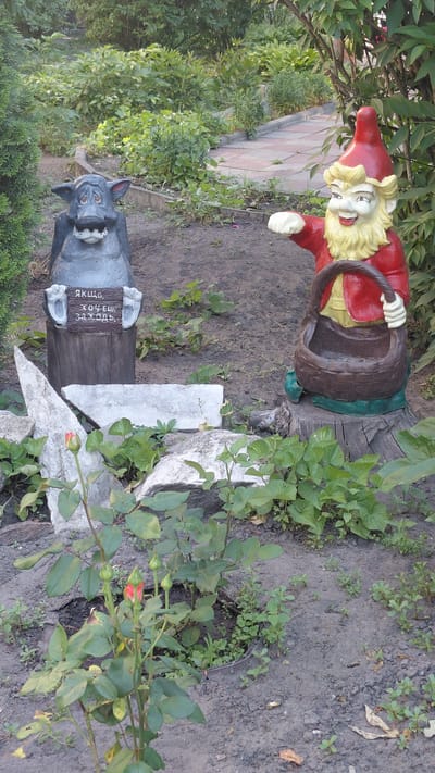 In Borodianka, Ukraine, an outdoor scene features two garden gnomes. On the left, a gray gnome resembling a wolf sits on a wooden stump, with a sign attached to its paws reading "ЯКЩО, ХОЧЕШЬ, ЗАХОДЬ" (If you want, come in). To the right, a red-hatted gnome with a yellow beard stands, holding a basket. The gnomes are positioned in a garden with a paved walkway visible in the background, surrounded by various plants and greenery. A rose bush with a single red bud is in the foreground.