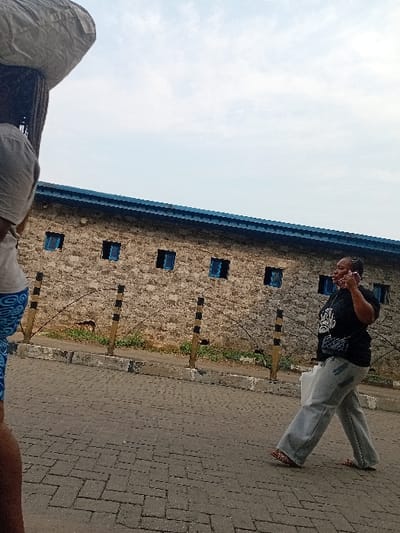 The scene is an outdoor urban environment in Ebute-Metta, Nigeria, under an overcast sky. The ground in the foreground is paved with grey interlocking concrete pavers laid in a herringbone pattern. On the far left, a person is partially visible, wearing a light-colored t-shirt and blue patterned shorts, carrying a large, light-colored sack on their head supported by a dark frame. To the right, a woman walks leftward, speaking on a dark mobile phone held to her right ear. She wears a black t-shirt with a light graphic design, light grey wide-leg trousers, and reddish-brown open-toed sandals. A black quilted crossbody bag is slung across her body, and she holds a light-colored plastic bag in her left hand. In the background, a long, single-story building constructed of rough, light brown stone blocks features a series of evenly spaced, small, rectangular windows with bright blue frames. A prominent blue roofline runs along the top of this building. Directly in front of the building, a low barrier made of black and yellow striped posts connected by horizontal wires separates the paved area from a narrow strip of dirt and sparse green vegetation.