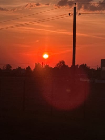 The image captures a sunset over Nikol'skoe, Russia. An orange sun is positioned low in the sky, partially obscured by trees. A utility pole with power lines is visible in the foreground. The sky displays streaks of orange and pink, suggesting a hazy atmosphere. A dark, undefined mass is present on the right side of the image.