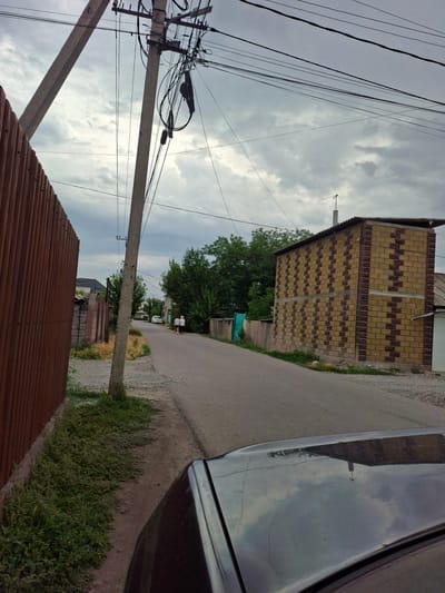 A street in the settlement of Төмөнкү Ала-Арча, Kyrgyzstan, is depicted on a cloudy day. The street is asphalted and appears to be in a residential area. On the left side of the street, a tall, corrugated metal fence, painted a reddish-brown color, runs along the edge of a property. Adjacent to the fence, a concrete utility pole with numerous tangled electrical wires is positioned precariously close to the road. The pole is leaning slightly towards the street.

Further down the street, two individuals, appearing to be older women dressed in light-colored clothing, are walking away from the camera. Behind them, a white passenger car is parked. The right side of the street features a building constructed with yellow and dark brown bricks arranged in a patterned design. This building has a simple, sloping roof. Trees with lush green foliage are visible behind the brick building and further down the street, indicating a relatively green environment. The foreground of the image shows the hood of a dark-colored car, reflecting the overcast sky and the surrounding environment. The ground along the side of the road is a mix of gravel and sparse vegetation.