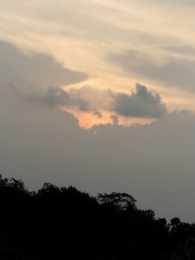 The image depicts a cloudy sky at sunset over a silhouette of a treeline. The clouds are predominantly gray with some lighter, pale orange sections where the sun is breaking through. The treeline is dark, obscuring any details about the individual trees. The overall scene suggests a quiet, possibly rural setting near Menjing, Indonesia during twilight. No people or other objects are visible in the frame.