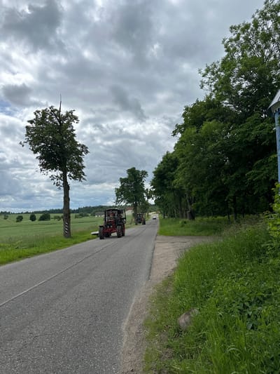 A paved road runs through a rural area with overcast skies. On the left side of the road, a tall tree with a split trunk stands beside a green field. Further down the road, a red tractor with a trailer is visible, and another orange tractor is parked in the distance. To the right of the road, a dense line of trees forms a natural border, with a blue and white structure at the far right edge of the frame. The grass along the roadside is tall and green, with a large rock visible in the foreground. The image appears to be taken in Хаценчыцкі сельскі Савет, Belarus, given the context of the rural setting and the presence of agricultural machinery.