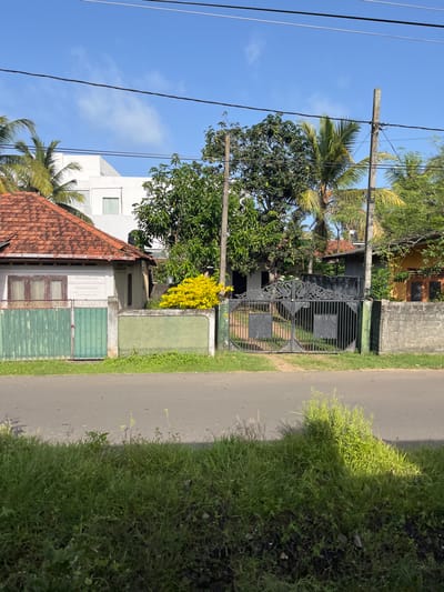 The image depicts a street scene in Kalutara, Sri Lanka, under a bright blue sky with scattered clouds. On the left, a traditional house with a red tile roof and white wooden siding is visible, featuring a green metal gate. Adjacent to it, a modern white building with a flat roof stands out. In the center, an ornate black metal gate marks the entrance to a property. Beyond the gate, lush green trees and palm trees create a tropical atmosphere. A concrete wall borders the properties, and a paved road runs along the foreground, with a grassy verge on the right side. The scene appears peaceful, with no people or vehicles present, suggesting a typical day in this Sri Lankan city.