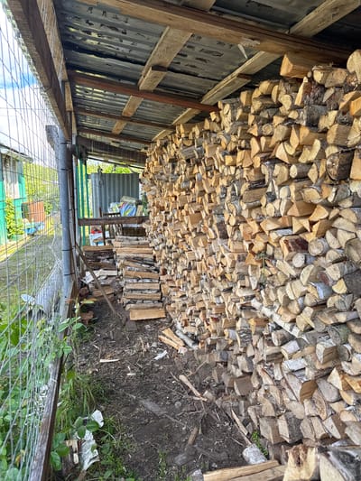 The scene depicts a wood storage structure, likely located in a rural or semi-rural area. The structure appears to be a shed or lean-to with a corrugated metal roof and wooden supports. A large quantity of firewood is stacked inside, filling much of the available space under the roof. The wood is primarily split logs, varying in size and shape, and likely intended for heating or cooking. The surrounding environment includes exposed soil, vegetation, and a glimpse of a wire fence. The ground is somewhat uneven, with indications of plant growth and debris. Light exposure is moderate, suggesting an outdoor setting during daylight hours. Without further information, it is difficult to conclusively determine the location as Slobodka, Russia, or to provide specifics about people or actions within the scene. The visible details primarily focus on the wood storage structure and its immediate environment.