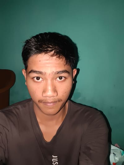 A young male is captured in a close-up, frontal, medium-shot selfie. He is looking directly at the camera with a neutral expression. His dark, short hair is slightly messy. He has prominent eyebrows, dark eyes, and a faint mustache. The background is a solid, teal-colored wall. To the left of the frame, a portion of a brown object, possibly furniture, is visible. The man is wearing a dark brown t-shirt with a visible seam along the collar and shoulder. A white label with some text and a red heart is partially visible to the right of the frame. The lighting suggests an indoor setting, with shadows cast on the right side of his face and head, indicating the light source is from the left. The image appears to be taken in Barengkrajan, Indonesia, as indicated by the provided metadata.