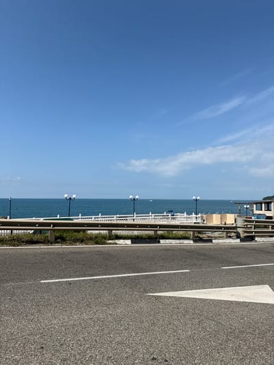 The image depicts a scenic view of a coastal road next to the sea. The sky is a clear, bright blue with a few wispy white clouds. The sea is a deep, calm blue, stretching out to the horizon. Along the coast, there is a white railing with decorative elements and several lampposts, suggesting a promenade or walkway. Behind the railing, a building with multiple floors and balconies is visible, suggesting a resort or residential area. The foreground is dominated by an asphalt road with white lane markings, including a large white arrow indicating a turn or direction. The road appears to be well-maintained. The presence of the road, railing, building, and the sea strongly suggests a seaside town or resort area. The lighting indicates it is daytime, likely sunny given the clear sky and the brightness of the scene. The overall mood is peaceful and serene, evoking a sense of a pleasant day at the coast. There is no visible text in the image. The location context provided is Lermontovo, Russia, which aligns with the coastal setting.