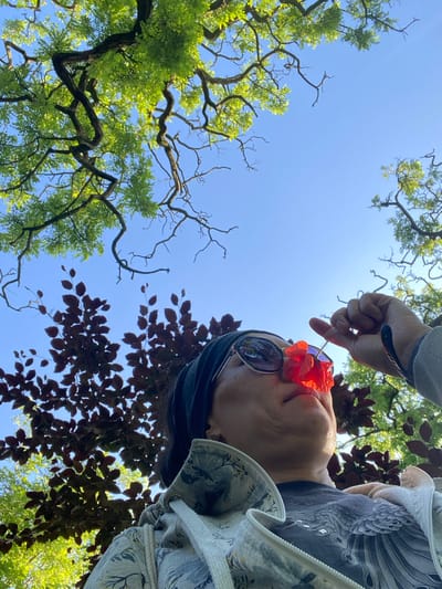 In Wielka Wieś, Poland, a low-angle shot looks up at a person holding a red flower to their nose against a bright blue sky and dappled green and red foliage. The person, wearing sunglasses and a black headscarf, is dressed in a light-colored zip-up hoodie with a floral pattern over a dark t-shirt. A hand is visible holding the flower to the person's face. The scene is set outdoors, likely in a park or garden, with sunlight filtering through the trees.