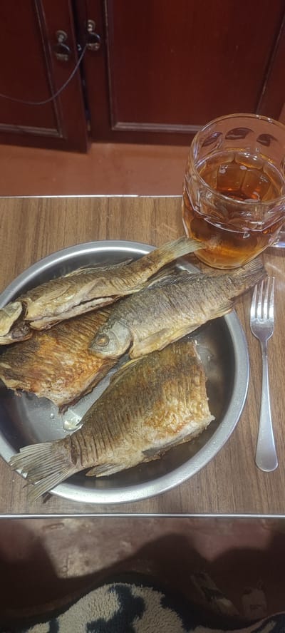 This media file captures a close-up shot of a meal consisting of four whole fried fish served on a metal plate, alongside a glass of amber-colored liquid, likely beer or tea. A silver fork rests to the right of the plate. The fish are golden brown and appear to be whole, with visible scales and fins. The meal is presented on a wooden surface, possibly a table. In the background, dark wooden cabinets with brass handles are visible, suggesting an indoor setting, possibly a kitchen or dining area. The lighting suggests it might be daytime or a well-lit indoor environment. The overall impression is one of a simple, rustic meal. The location context provided is Svitlovodsk, Ukraine. There is no visible text in the image.