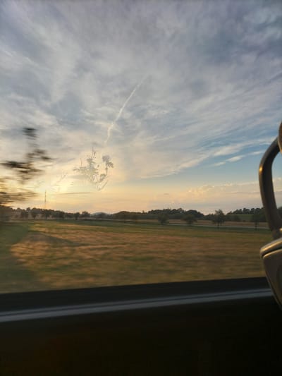 The image captures a sunset view from what appears to be a moving vehicle, likely a train or car, through a window. The sky is filled with a mix of white and wispy cirrus clouds, with a prominent contrail streaking diagonally across the upper portion. The setting sun casts a warm, golden light over a landscape of rolling fields and scattered trees. In the foreground, a dark, blurry object, possibly part of the vehicle's interior, intrudes on the left side of the frame.
The scene is characterized by a blurred, impressionistic quality due to the motion. The details of the landscape are soft and diffused. A faint reflection or superimposed image of plant-like structures is visible against the sky. The ground appears to be covered in dry, golden grass, with shadows stretching across it from the low angle of the sun. The horizon line is marked by a gentle rise of hills in the distance, silhouetted against the lighter sky. The overall mood is serene and atmospheric, evoking a sense of travel and the beauty of the natural world at dusk.
The location is identified as Horní Třebonín, Czechia. This suggests the scene is a view of the Czech countryside during sunset.