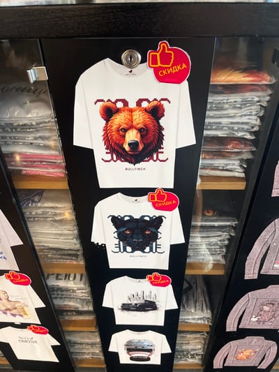 The image shows a display of t-shirts for sale inside a retail establishment. The t-shirts are stacked on shelves and some are displayed on mannequins. One t-shirt in the foreground features a graphic of a bear's head. Another t-shirt displays a black panther's head. A third t-shirt shows a cityscape with a car. The shelves are organized in a glass display case. A red sticker with a thumbs-up icon and the word "СКИДКА" (meaning "discount" in Russian) is visible on some of the t-shirts. The overall impression is that of a clothing store or boutique. Based on information related to the brand "BULLFINCH" displayed on the t-shirts, this establishment is likely located in Yekaterinburg, Russia.
