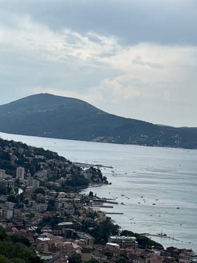 The image depicts a coastal town nestled along a steep, tree-covered hillside overlooking a body of water. The town is characterized by dense clusters of buildings with red-tiled roofs, interspersed with greenery. A portion of the hillside on the left appears to be a large, dark green, and mountainous, with a lighter, cloud-filled sky above it. The water on the right is calm and reflects the light, with several boats scattered across its surface, some docked at piers.
The scene appears to be captured during the daytime, given the brightness of the sky and the reflections on the water. The weather seems partly cloudy, with large patches of white clouds against a lighter blue sky. The composition suggests an elevated viewpoint, possibly from a higher point on the hillside or a drone, looking down onto the town and the water. The overall mood is serene and picturesque, showcasing a harmonious blend of natural landscape and human settlement. No visible text is present in the image.