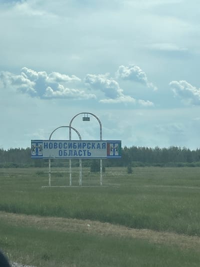 The image captures a roadside sign indicating the Novosibirsk Oblast in Russia. The sign is white with blue lettering and features a coat of arms on the left side. The text on the sign reads "НОВОСИБИРСКАЯ ОБЛАСТЬ". The sign is supported by metal poles and is positioned in a rural landscape with green fields and a distant treeline under a cloudy sky. There are no people visible in the image.