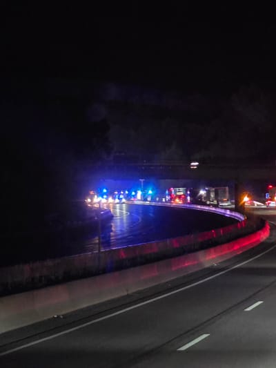 In Seligenstadt, Germany, at night, a highway scene is captured. Emergency vehicles, distinguished by their flashing blue and red lights, are positioned along a curved section of the road, possibly indicating an accident or a traffic stop. The vehicles are concentrated under an overpass, with their lights reflecting on the wet pavement. The surrounding environment is dark, with trees visible in the background and the road illuminated by the vehicle lights and streetlights. The overall impression is one of ongoing emergency operations on a thoroughfare.