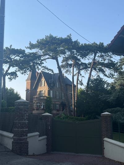 The image depicts a view of a building and its surroundings, likely in Dieppe, France. A large, ornate building with multiple windows and a dark, multi-pitched roof is partially obscured by several tall, mature pine trees whose branches arch dramatically across the frame. The building appears to be constructed of brick and stone, with decorative elements on its facade.
In the foreground on the right, a dark green double gate stands behind a brick wall topped with white coping. Adjacent to the gate is a light gray, stepped concrete structure, also part of the property's boundary. The ground surface appears to be gravel and a paved path.
The sky is a clear, bright blue, indicating a sunny day. The time of day appears to be late afternoon or early evening, as evidenced by the long shadows cast by the trees and the angle of the sunlight. The overall atmosphere is tranquil and perhaps a bit serene, with the natural elements of the trees softening the architectural lines of the building. There is no visible text in the image.