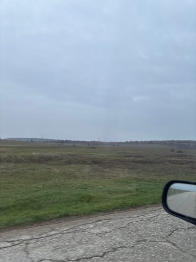 The image displays an expansive, overcast rural landscape, viewed from the perspective of a moving vehicle. The foreground features a cracked, dark grey asphalt road surface, blurred by motion. Immediately adjacent to the road is a strip of vibrant green grass, transitioning into a vast, undulating field of predominantly brown and faded green vegetation, interspersed with sparse yellow flora. Several tall, slender utility poles or telecommunication towers are visible across the midground and background, rising above the distant treeline and gentle hills that define the horizon. The sky is uniformly light grey and heavily overcast, with no discernible breaks in the cloud cover. A portion of a vehicle's passenger-side mirror, reflecting a blurred scene, is present in the lower right corner. No individuals or specific human activity are visible within the frame. The location depicted is in or near Suhache, Bulgaria.
