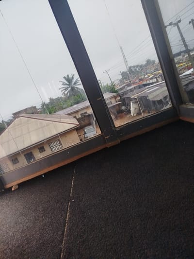 The image shows an exterior view of a street in Uselu, Nigeria, through a large window. The window frame is dark and appears to be made of metal. Outside, the scene depicts a dense urban environment with various buildings, some with corrugated metal roofs. Several vehicles, including what appear to be buses and cars, are visible on the street. Palm trees and other vegetation are scattered throughout the landscape. Electrical poles and wires are also prominent features. The sky is overcast, suggesting it may be a cloudy or rainy day. The foreground of the image is dominated by a dark carpet, implying the vantage point is from inside a building.
