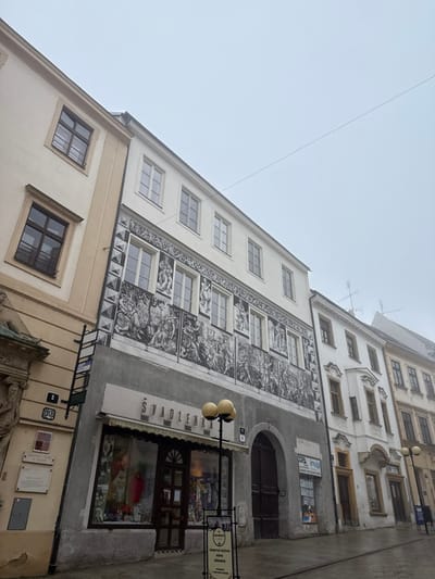 The image depicts a street scene in Znojmo, Czechia, under an overcast, light grey sky. The wet street surface reflects ambient light.

The central focus is a multi-story building featuring an elaborate Renaissance sgraffito facade across its middle floors. This artwork, rendered in grey and white tones, depicts multiple historical or mythological scenes with numerous figures, interspersed between several rectangular windows. The upper stories are light-colored with additional rectangular windows. At street level, the building houses a shop named "ŠVADLENKA," visible on its awning and sign above a display window exhibiting fabrics and garments. To the right of the shop, a large, dark wooden arched doorway provides building access. A two-sphere yellow street lamp stands on the sidewalk in front of the shop, accompanied by a small A-frame sign. The building displays the number "9."

To the immediate left, an adjacent building with a cream-colored facade and dark-framed rectangular windows is partially visible. A sculpted stone detail or statue is present at its base. A black metal ladder or utility conduit is affixed to its side. This building displays street numbers "2" and "10," along with a white plaque bearing "MĚSTO ZNOJMO."

To the right, a row of older buildings continues down the street, predominantly white or light-colored, featuring various window styles, including bay windows on some. Antenna structures are visible on the distant rooftops. Another yellow street lamp is visible further down the street. A sign reading "IMPA" is visible on one of these buildings. A thin wire traverses the upper sky diagonally. No individuals are actively visible in the immediate foreground.