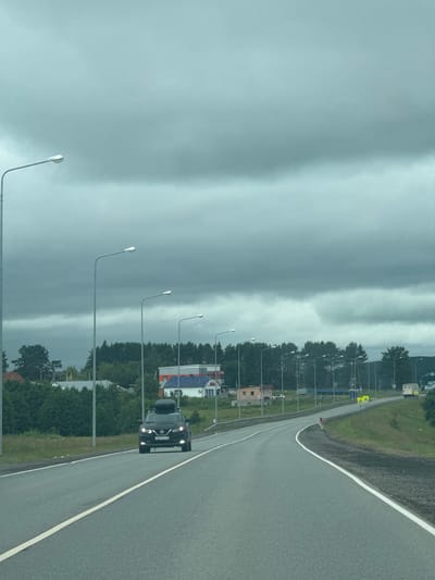 A black Nissan Qashqai with a roof cargo carrier is driving on a paved road in Alnashi, Russia. The road curves to the right, with a white line marking the lane. On the left side of the road, there are trees and buildings, including houses and a building with a blue roof. On the right side of the road, there are more trees and a grassy embankment. Several streetlights are visible along the road. The sky is overcast with dark clouds. The license plate of the car is X621PC 198.