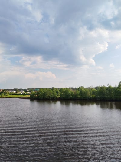 The image shows a body of water with a forested shoreline under a cloudy sky. Across the water, there is a glimpse of a residential area with houses. The location is Nutromo, Russia. The water surface exhibits small ripples, suggesting a slight breeze. The forested area is dense and green, forming a backdrop to the houses. The sky is filled with large, varied cloud formations, some appearing darker.