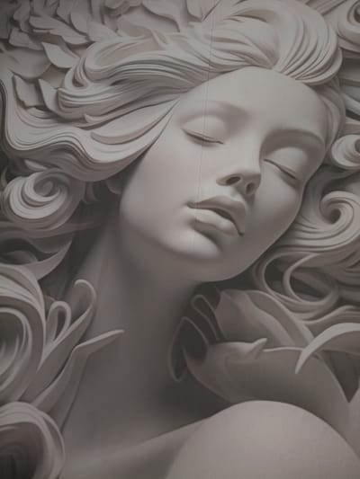 The image is a close-up, monochromatic, low-angle shot of a carved or sculpted bas-relief of a sleeping woman's face and upper torso. The sculpture is rendered in a soft, matte white material, with intricate details in the woman's flowing hair, which appears to be made of layered, swirling forms that blend into floral or leaf-like elements. Her eyes are closed, and her head is tilted back slightly, with her mouth slightly parted. The lighting emphasizes the high and low points of the sculpture, creating a sense of depth and form. There is a faint vertical line running down the center of the image, possibly a scratch or artifact on the surface. The background is indistinct, blending with the sculpture itself, suggesting it may be a mural or a large-scale relief. There is no discernible urban environment or specific location identified within the image. The city of Petrovsk, Russia, is not depicted or implied in this image.