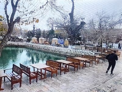 This image depicts an outdoor recreational or dining area in the city of Kokui, Russia, under an overcast sky. The scene is dominated by a rectangular, green-tinted body of water in the mid-ground, bordered by a low stone wall. In the foreground and extending along the right side of the water, a paved light-colored stone area is furnished with approximately seven sets of dark wooden tables and matching benches, each featuring intricate carved designs. Many of the tables and benches are arranged in pairs, facing the water.
One individual, dressed in a dark jacket and dark pants with a black backpack, walks towards the right background on the paved area, moving away from the viewer. The person's face is not discernible.
Beyond the water, several light-colored, dome-shaped tent-like structures, possibly yurts, are visible. One large, gnarled deciduous tree with bare branches stands prominently in the center-left background, featuring a white sculpture resembling a goat affixed to its upper trunk. Other bare deciduous trees are scattered throughout the background, some displaying sparse yellow leaves, indicating a late autumn or winter season. Structures and buildings are visible in the far background, but their details are indistinct. The overall environment suggests an open-air public space, possibly a cafe or park, with traditional or stylized elements.