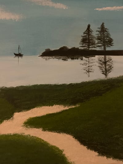 A painting depicts a serene landscape. Still water reflects the dark silhouettes of tall, slender trees with textured foliage. A small sailboat rests on the water's surface. On the right, a grassy bank descends, divided by a winding pale path. The sky is a soft blend of blues and hints of white clouds.