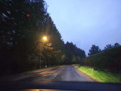The image shows a view from a vehicle driving on a road at dusk or dawn. The road is paved and curves to the right. On the left side of the road, there is a dense line of trees. A street light is visible on the left side of the road, illuminating the trees and the road surface with a yellowish light. On the right side of the road, there is a well-maintained, low green hedge. The sky is a pale blue, indicating low light conditions. The overall impression is a rural or suburban setting. The presence of street lights and a paved road suggests it is within a developed area. The location is identified as Harkujärve, Estonia.
