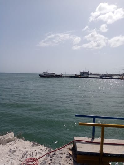 In Punta de Piedras, Venezuela, a panoramic view captures a serene daytime scene at a waterfront. The vast expanse of the ocean dominates the foreground, with gentle waves reflecting the bright sunlight. In the distance, a ferry, the "Concordia," is docked at a pier. The pier itself is a hub of activity, with several buildings and structures visible, including what appears to be a lighthouse. Construction is ongoing in the immediate foreground, with exposed rebar and concrete suggesting new development. A red hose lies coiled on the ground, hinting at ongoing work. The sky is a pale blue, dotted with scattered white clouds, contributing to the overall tranquil atmosphere of the location.